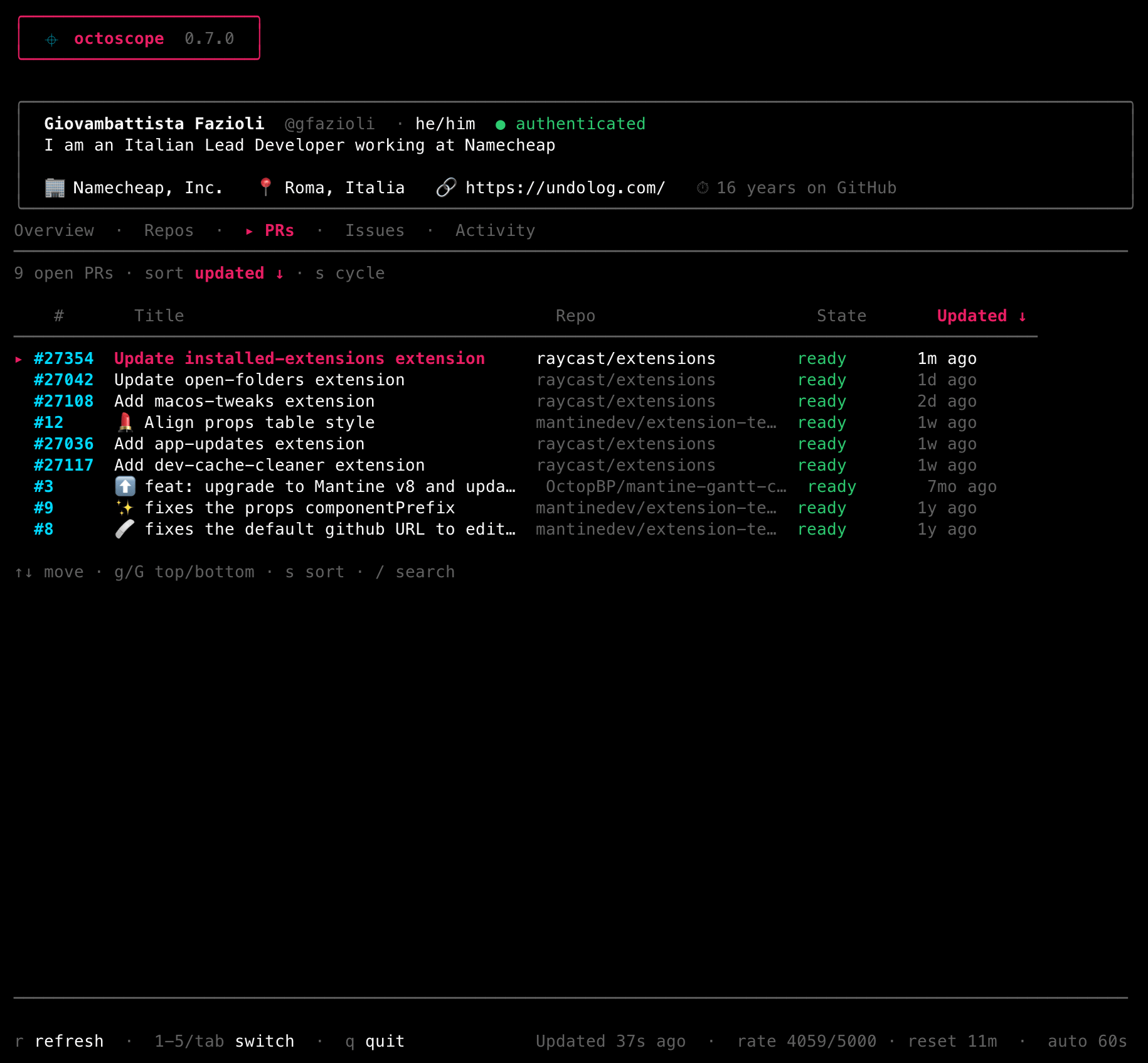 octoscope PRs tab: open pull requests you authored, with draft / ready / conflicts state and last-update time