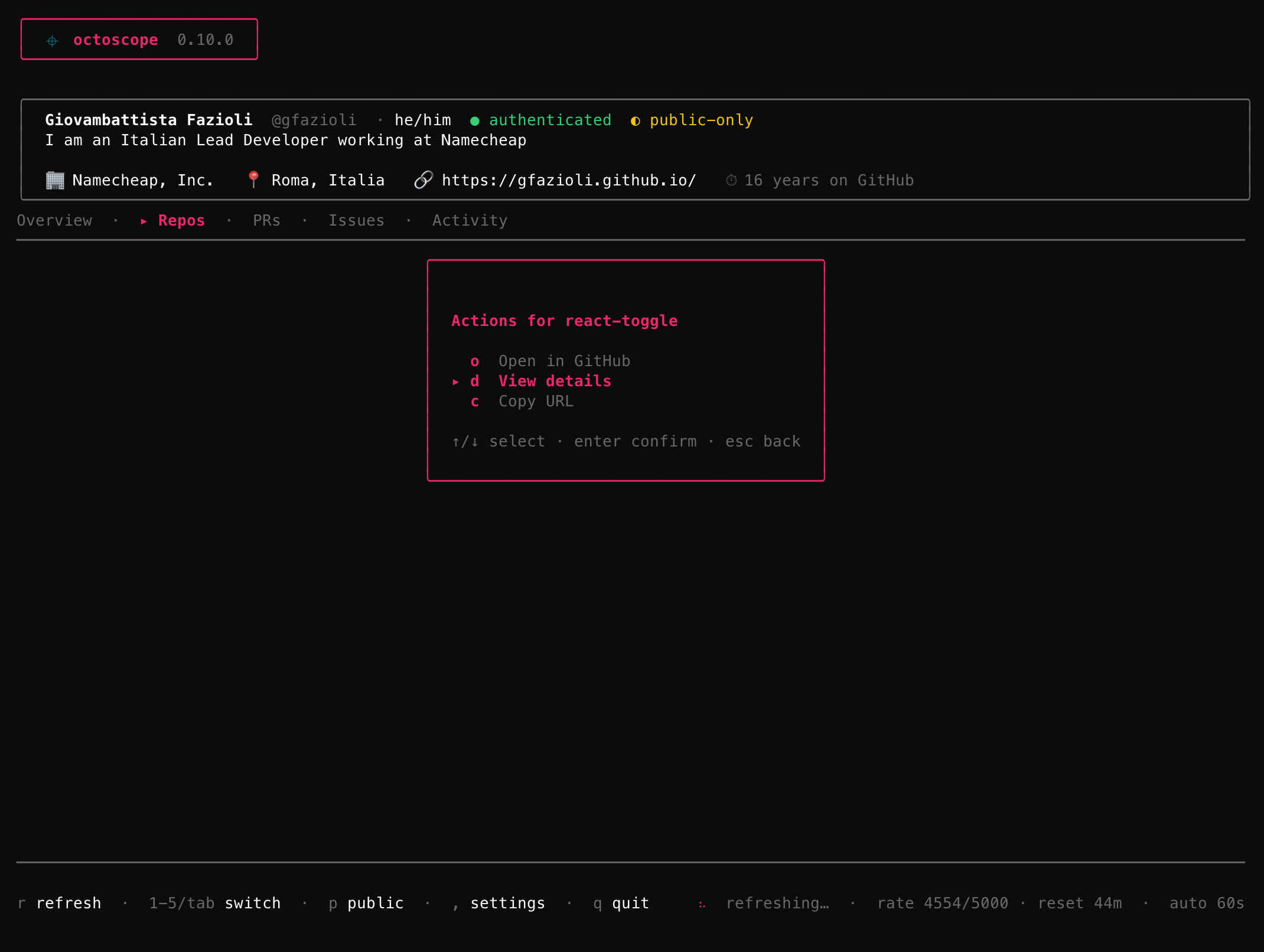 The Repos tab with the action menu modal centred over the body, opened on the react-toggle row. Three entries: o Open in GitHub, d View details (highlighted with the cursor), c Copy URL. Footer hints read 'select · enter confirm · esc back'.