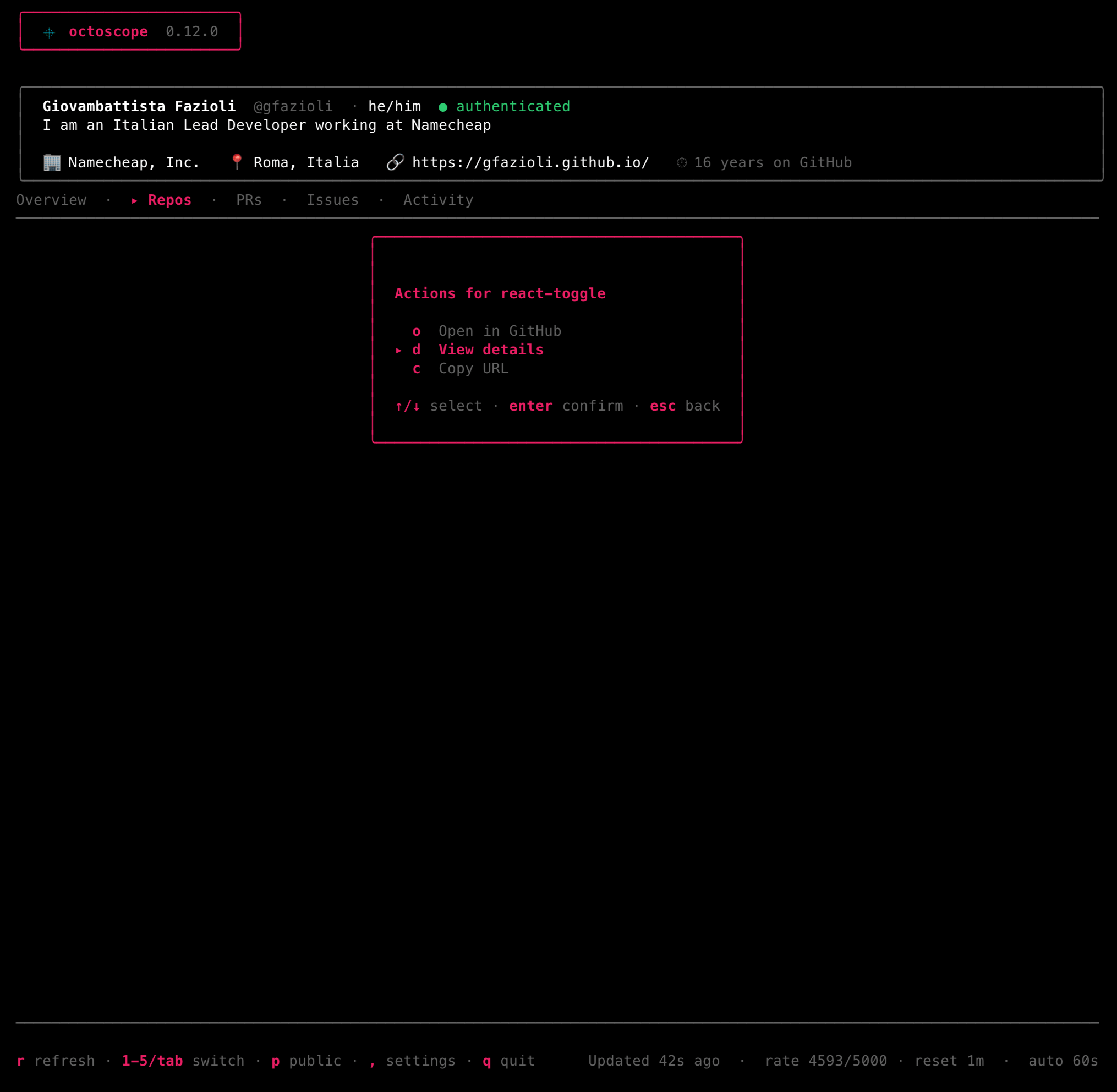 A list row with the action menu modal centred over the body. Three entries: o Open in GitHub, d View details (highlighted with the cursor), c Copy URL. Footer hints read '↑/↓ select · enter confirm · esc back'.