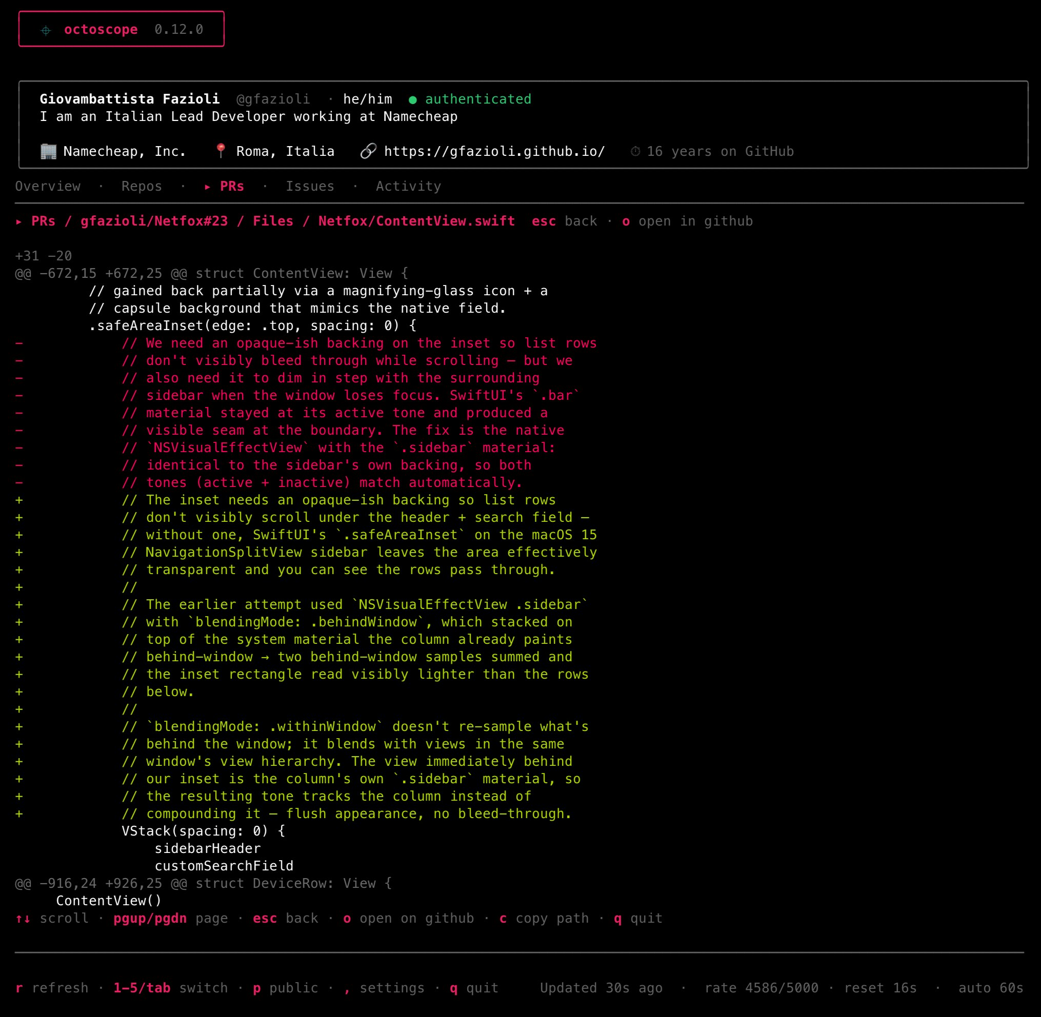 The PR file-diff sub-view: chroma-highlighted unified diff with red - lines and green + lines, hunk headers, and surrounding context lines. Title-bar breadcrumb reads '▸ PRs / owner/repo#NN / Files / path/to/file'; footer hints offer ↑↓ scroll · pgup/pgdn page · esc back · o open on github · c copy path · q quit.