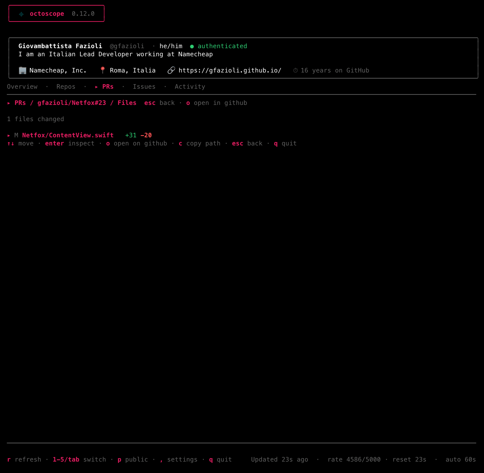 The PR files-changed sub-view: a cursor-navigable list of files with status glyphs (A / D / M / R / C) and +Additions / -Deletions counts per file. Title-bar breadcrumb reads '▸ PRs / owner/repo#NN / Files'; footer hints offer ↑↓ move · enter inspect · o open on github · c copy path · esc back · q quit.