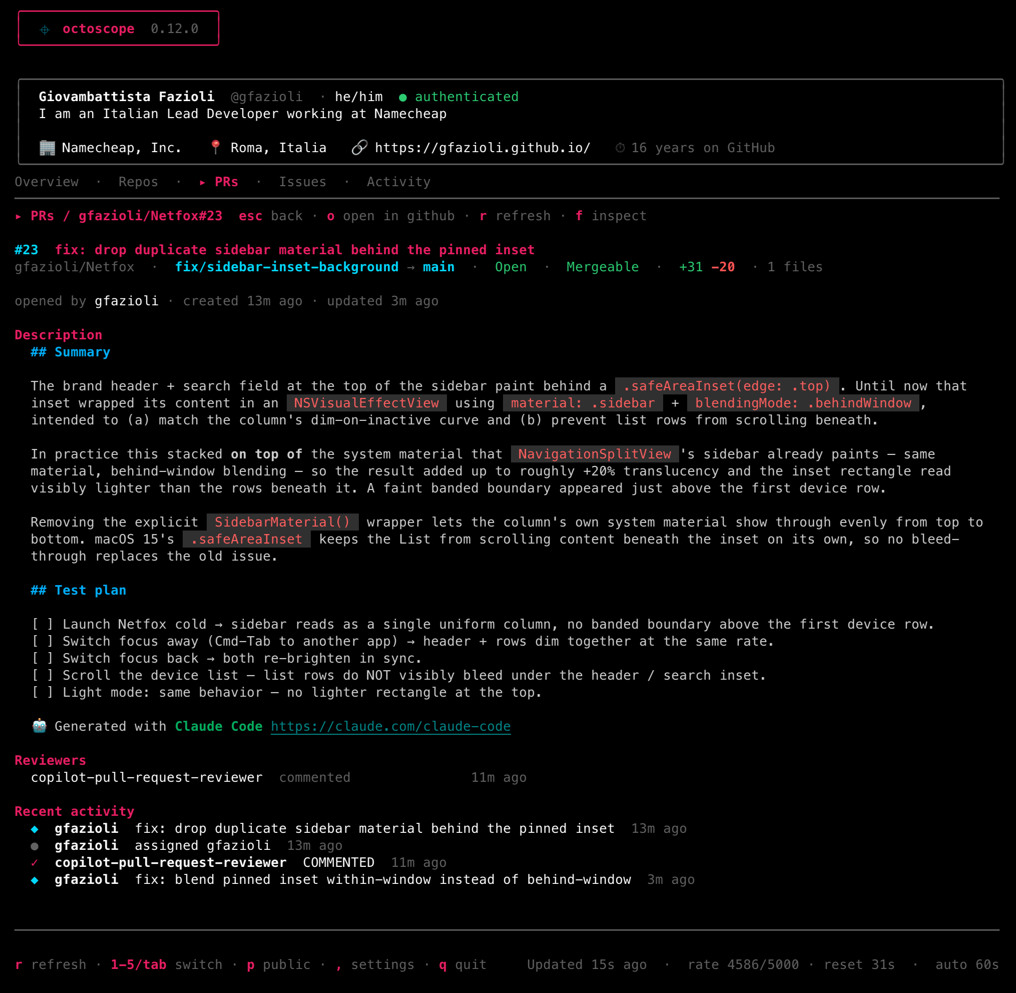 The PRs drill-in: title, state chip (Open / Draft / Merged / Closed), glamour-rendered markdown description, reviewers, checks summary, files-changed counts, labels, and a curated timeline. Title-bar hints read 'esc back · o open in github · r refresh · f inspect'.
