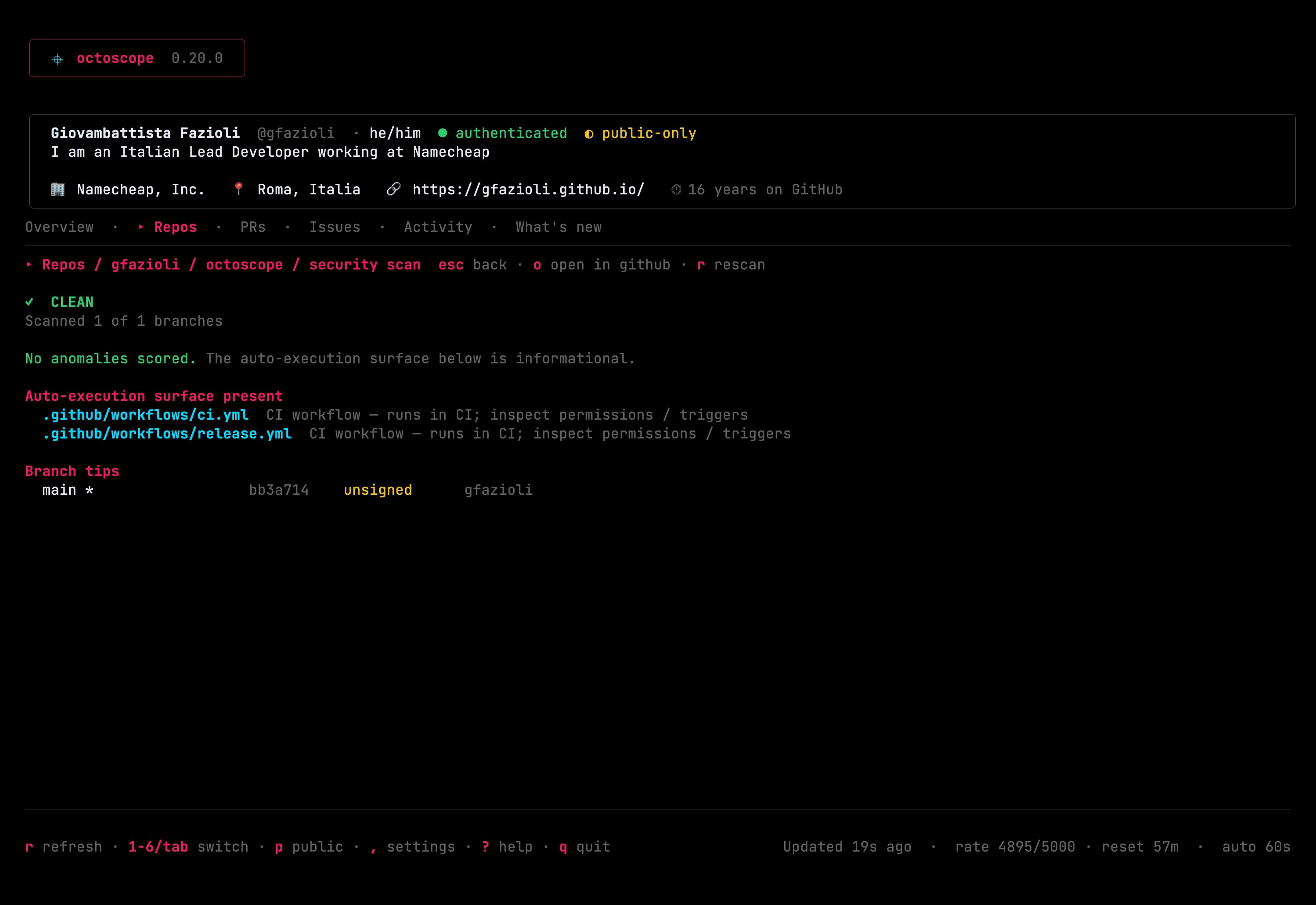 The Repos Security-scan drill-in: breadcrumb 'Repos / gfazioli / octoscope / security scan' with esc / open-in-github / rescan hints, a green CLEAN verdict, 'Scanned 1 of 1 branches', a green 'No anomalies scored. The auto-execution surface below is informational.' line, an 'Auto-execution surface present' list (.github/workflows/ci.yml and release.yml, both CI workflows), and a 'Branch tips' table showing the main branch with its short commit OID, an unsigned signature state and the author.