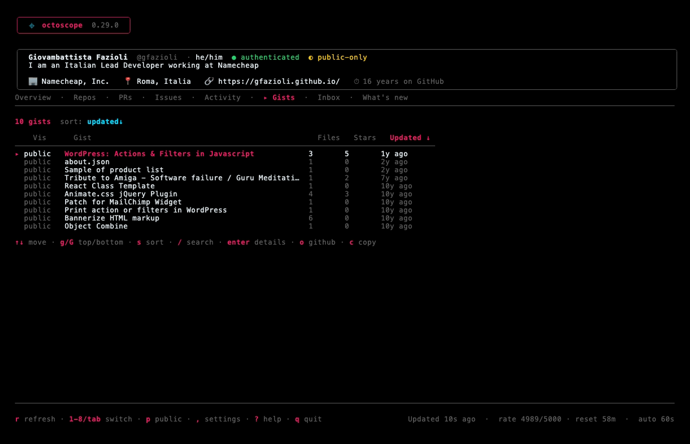 octoscope Gists tab listing gists with visibility, file count and stars