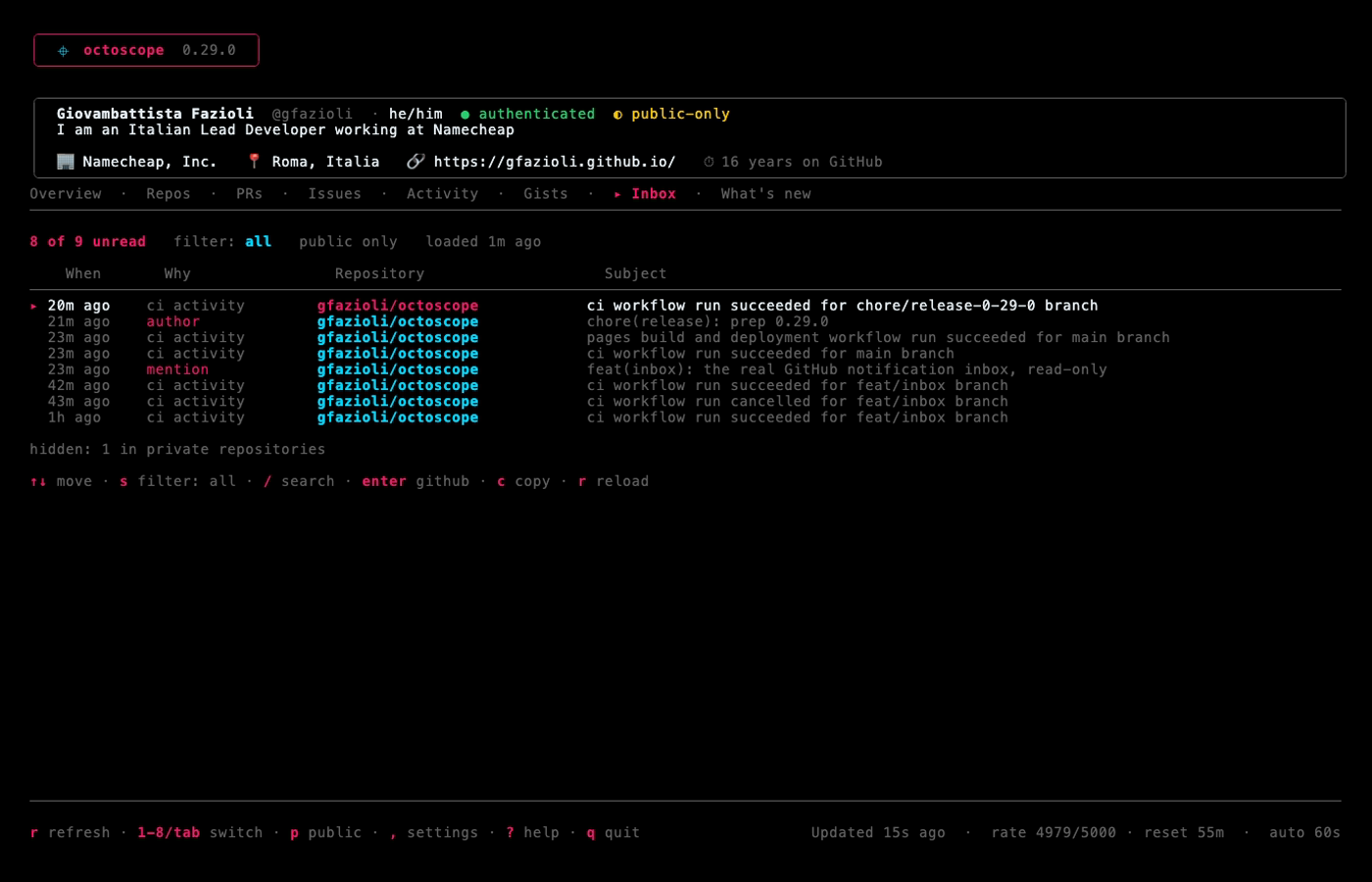 octoscope Inbox tab listing unread GitHub notifications with their reason, repository and subject